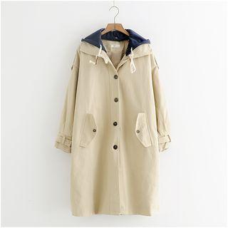 Dual-pocket Long Hooded Jacket Khaki - One Size