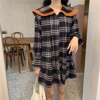 Plaid Ruffle Hem Long-sleeve Mini Collared Dress