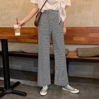 Plain Drawcord Crewneck Short-sleeve Top / High-waist Striped Pants