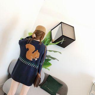 Squirrel Pattern Long Sweater Navy Blue - One Size