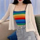 Plain Knit Cardigan / Rainbow Striped Camisole Top