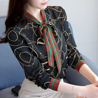 Long-sleeve Bow Accent Printed Blouse