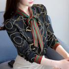 Long-sleeve Bow Accent Printed Blouse