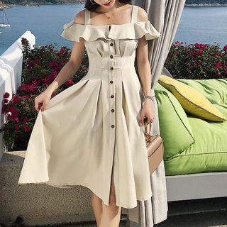 Short-sleeve Cold Shoulder Buttoned A-line Dress