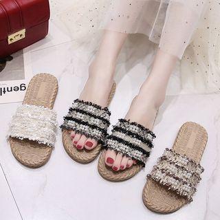Fringed Tweed Slide Sandals