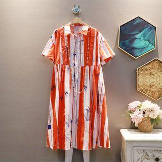 Short-sleeve Color Block Striped Print Shirtdress