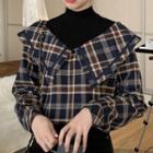 Mock Two-piece Long-sleeve Plaid Mock-neck Top