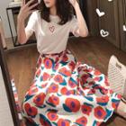 Heart Printed T-shirt + Floral Printed Midi Skirt