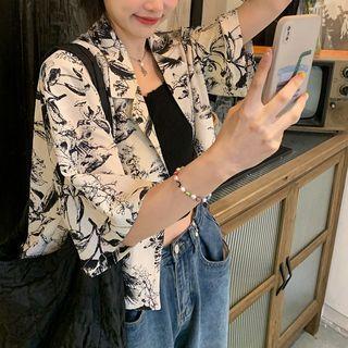 Elbow-sleeve Floral Shirt Black & Off-white - One Size