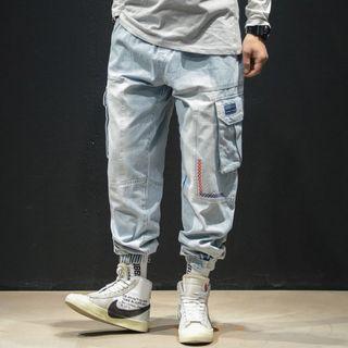 Embroidered Washed Cargo Jeans