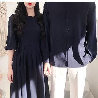 Couple Matching Plain Shirt/ Lace-up Elbow-sleeve A-line Shirt Dress