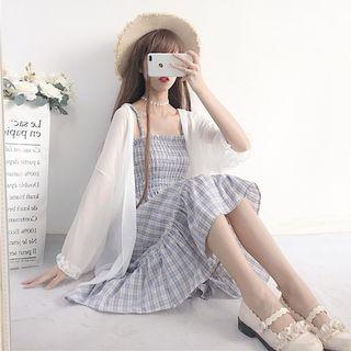 Spaghetti Strap Midi Plaid Dress / Light Jacket