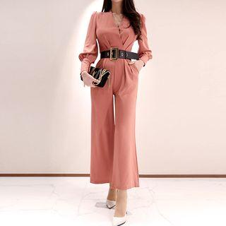 Set: Lantern-sleeve V-neck Jumpsuit + Belt