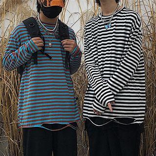 Couple Matching Ripped Striped Long-sleeve T-shirt