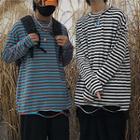 Couple Matching Ripped Striped Long-sleeve T-shirt