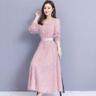 V-neck Fringed Midi A-line Dress