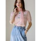 Flower-embroidered Perforated Knit Top