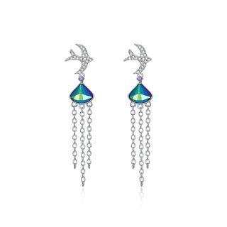 925 Sterling Silver Cute Little Swallow Tassel Earrings With Blue Austrian Element Crystal Purple - One Size
