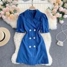 Short-sleeve Pinstriped Double Breasted Sheath Dress Blue - One Size