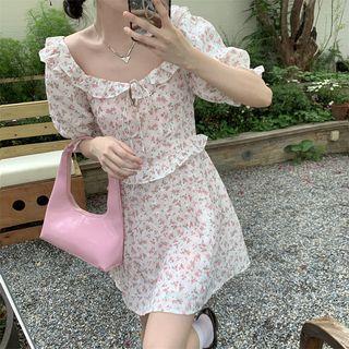 Puff-sleeve Floral Ruffled Mini A-line Dress