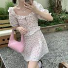Puff-sleeve Floral Ruffled Mini A-line Dress