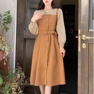 Long-sleeve Plaid Mock Two Piece Midi Dress