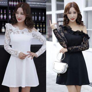 Off-shoulder Lace Panel Long-sleeve A-line Dress