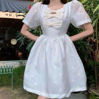 Puff-sleeve Embroidered Bow-accent A-line Dress