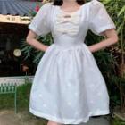 Puff-sleeve Embroidered Bow-accent A-line Dress