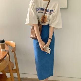 Elbow-sleeve Lettering T-shirt / Back-slit Midi Pencil Skirt