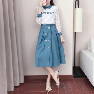 Set: Long-sleeve Lettering Lace Top + A-line Midi Skirt