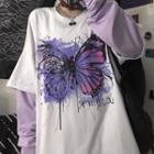 Mock Two-piece Long-sleeve Butterfly Print T-shirt