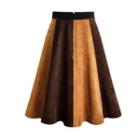 Two-tone Faux Suede Midi A-line Skirt
