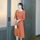 Plain 3/4-sleeve Square-neck Midi A-line Dress