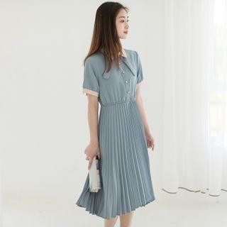 Bow Lapel Accordion Pleat Dress