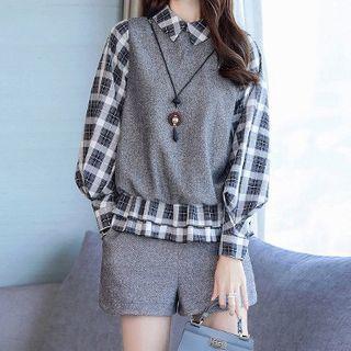 Set: Mock Two-piece Plaid Blouse + Shorts