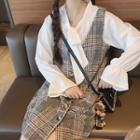 Set: Tie-neck Blouse + Plaid Mini Pinafore Dress As Shown In Figure - One Size