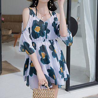 Swim Set: Floral Print Cover-up Dress + Bikini Top + Bottom