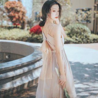 Sleeveless Ribbon Back Mesh A-line Dress