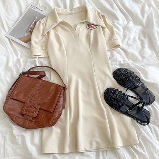 Puff-sleeve Embroidered Polo Collar Dress