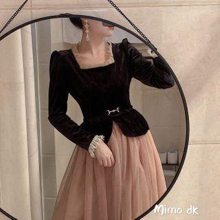 Contrast Trim Blouse / Midi Mesh Skirt