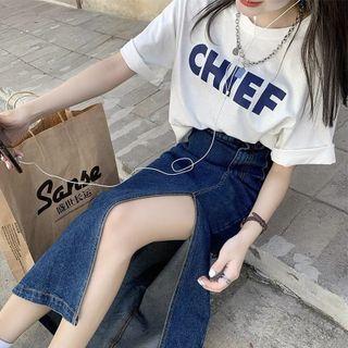 Slit Denim Midi A-line Skirt / Elbow-sleeve Lettering T-shirt / Set