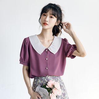V Neckline Puff-sleeve Chiffon Top
