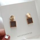 Houndstooth Square Dangle Earring 1 Pair - 925 Silver Stud - Khaki & Coffee - One Size