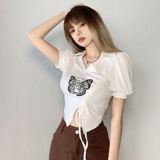 Short-sleeve Butterfly Print Slit T-shirt