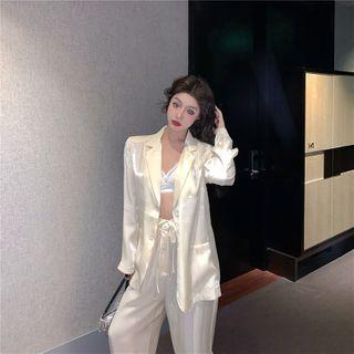 Plain Long-sleeve Blazer / High Waist Wide Leg Pants