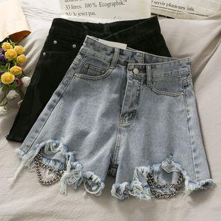 Chain-accent Asymmetric Denim Shorts