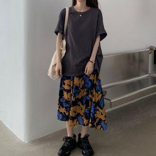 Flower Print Spaghetti Strap Midi Shift Dress / Oversize Elbow-sleeve T-shirt
