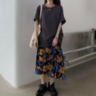 Flower Print Spaghetti Strap Midi Shift Dress / Oversize Elbow-sleeve T-shirt