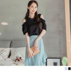 Crochet Panel Cold-shoulder Short-sleeve Plain Top